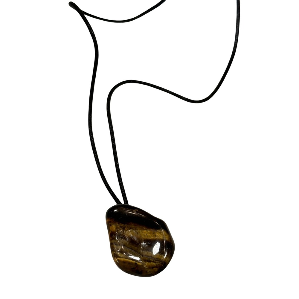 Tigers Eye Stone Pendant Necklace Natural Polished Gemstone Black Cord Boho
